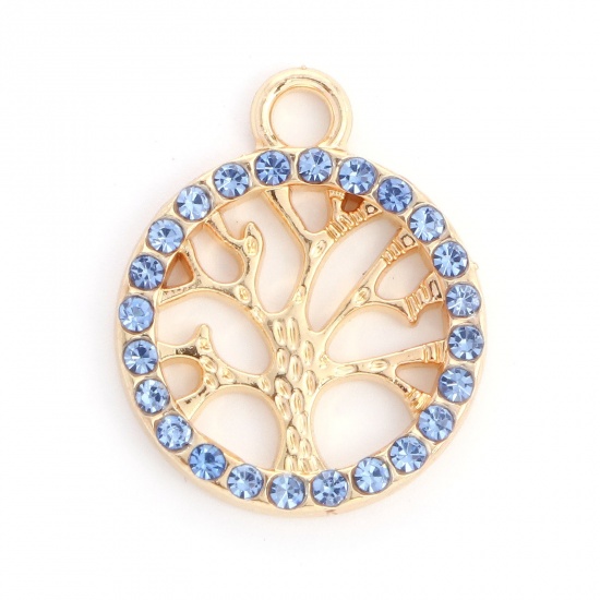 Bild von Zinklegierung Charms Rund Vergoldet Lebensbaum Blau Strass 19mm x 16mm, 10 Stück