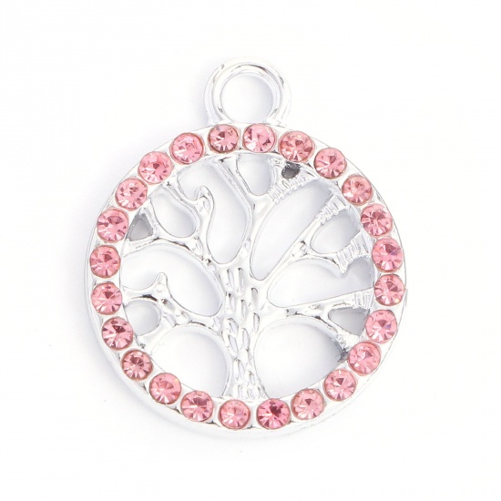Bild von Zinklegierung Charms Rund Silberfarbe Lebensbaum Rosa Strass 19mm x 16mm, 10 Stück