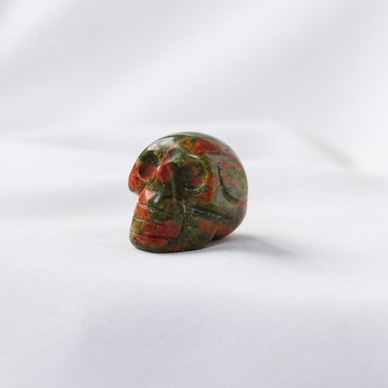 Picture of Unakite ( Natural ) healing stone Loose Ornaments Decorations Skull Green No Hole About 2.5cm x 1 Piece