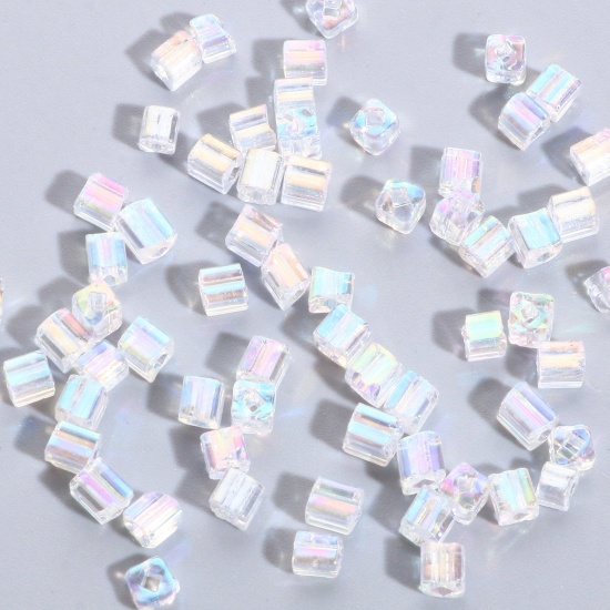 Glass Square Seed Seed Beads Square White Transparent AB Color About 4mm x 4mm, Hole: Approx 1.2mm, 100 Grams の画像