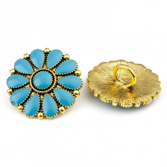 Immagine di Zinc Based Alloy Boho Chic Bohemia Metal Sewing Shank Buttons Buttons Single Hole Flower Leaves Gold Tone Antique Gold Green Blue With Resin Cabochons Imitation Turquoise 3cm x 3cm, 2 PCs