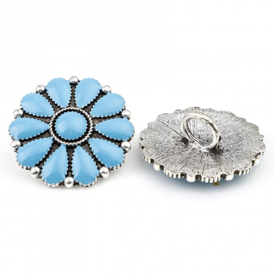 Immagine di Zinc Based Alloy Boho Chic Bohemia Metal Sewing Shank Buttons Buttons Single Hole Flower Leaves Antique Silver Color Blue With Resin Cabochons Imitation Turquoise 3cm x 3cm, 2 PCs