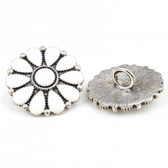 Immagine di Zinc Based Alloy Boho Chic Bohemia Metal Sewing Shank Buttons Buttons Single Hole Flower Leaves Antique Silver Color White With Resin Cabochons Imitation Turquoise 3cm x 3cm, 2 PCs
