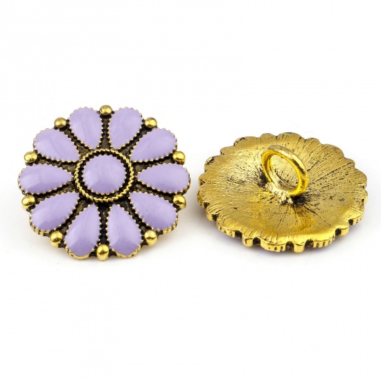 Immagine di Zinc Based Alloy Boho Chic Bohemia Metal Sewing Shank Buttons Buttons Single Hole Flower Leaves Gold Tone Antique Gold Purple With Resin Cabochons Imitation Turquoise 3cm x 3cm, 2 PCs