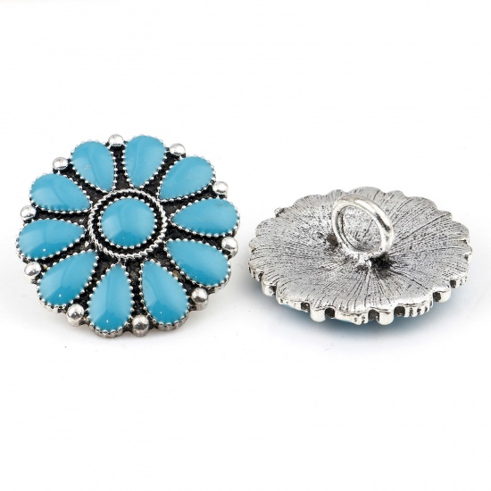 Immagine di Zinc Based Alloy Boho Chic Bohemia Metal Sewing Shank Buttons Buttons Single Hole Flower Leaves Antique Silver Color Green Blue With Resin Cabochons Imitation Turquoise 3cm x 3cm, 2 PCs