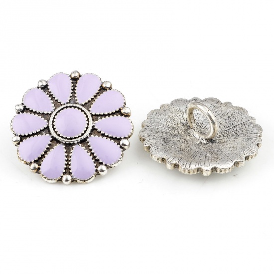 Immagine di Zinc Based Alloy Boho Chic Bohemia Metal Sewing Shank Buttons Buttons Single Hole Flower Leaves Antique Silver Color Purple With Resin Cabochons Imitation Turquoise 3cm x 3cm, 2 PCs