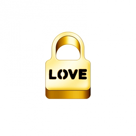 Image de 304 Stainless Steel Valentine's Day Charms Gold Plated Lock Message " LOVE " 10mm x 7mm, 5 PCs