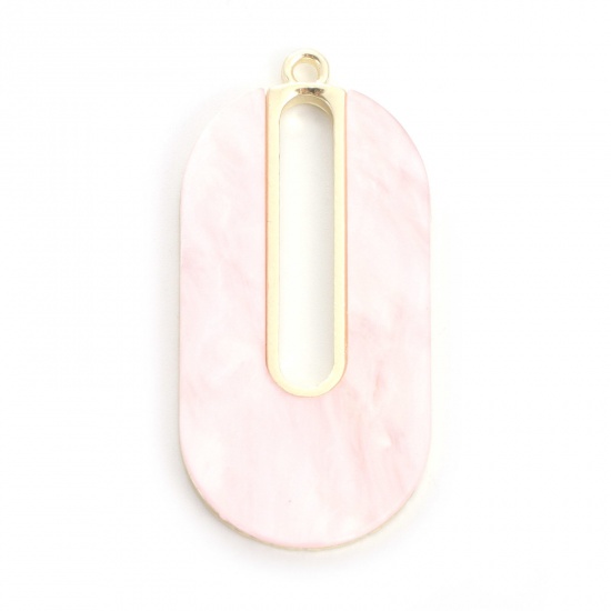 Picture of Zinc Based Alloy & Acrylic Acetic Acid Series Pendants Oval Gold Plated Light Pink Hollow 4.1cm x 2cm, 5 PCs