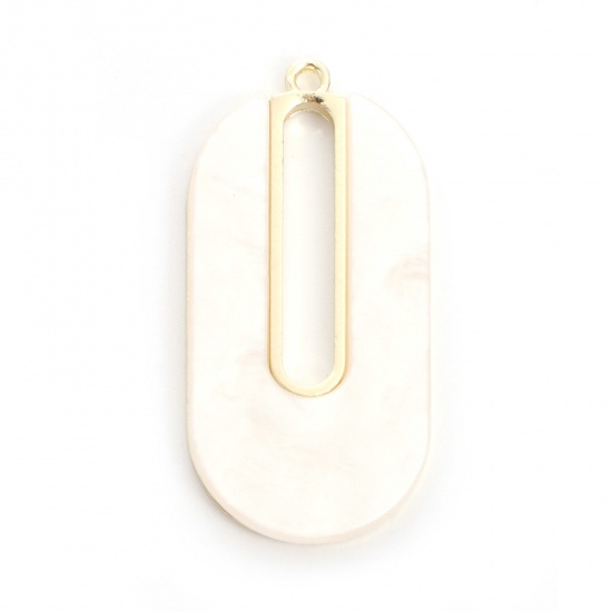 Picture of Zinc Based Alloy & Acrylic Acetic Acid Series Pendants Oval Gold Plated White Hollow 4.1cm x 2cm, 5 PCs