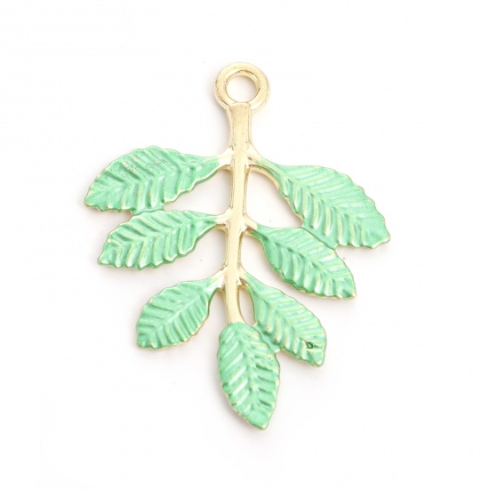 Picture of Zinc Based Alloy Pendants Leaf Gold Plated Green Painted 3.7cm x 2.8cm, 10 PCs
