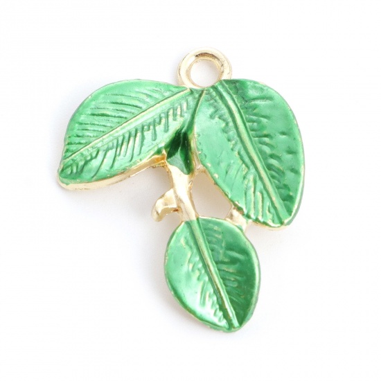 Picture of Zinc Based Alloy Charms Leaf Gold Plated Green Painted 25mm x 20mm, 10 PCs
