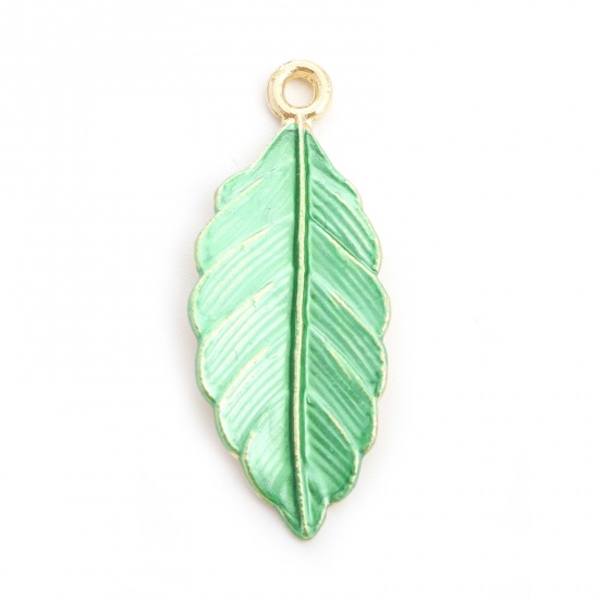 Picture of Zinc Based Alloy Pendants Leaf Gold Plated Green Painted 3.1cm x 1.3cm, 10 PCs