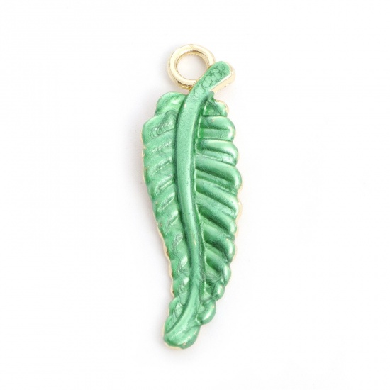 Picture of Zinc Based Alloy Pendants Leaf Gold Plated Green Painted 3.2cm x 1.1cm, 10 PCs