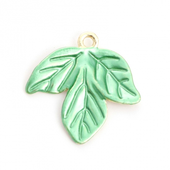 Picture of Zinc Based Alloy Charms Leaf Gold Plated Green Painted 20mm x 20mm, 10 PCs