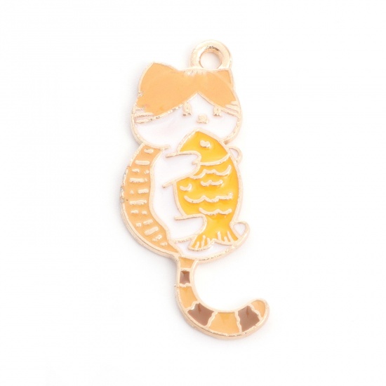 Picture of Zinc Based Alloy Pendants Cat Animal Gold Plated Multicolor Fish Enamel 3.2cm x 1.6cm, 10 PCs