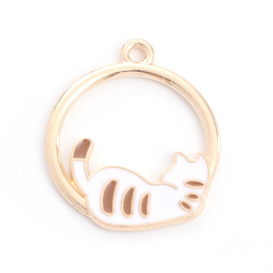 Picture of Zinc Based Alloy Charms Round Gold Plated White & Coffee Cat Enamel 27mm x 23mm, 10 PCs