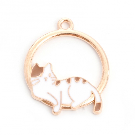 Picture of Zinc Based Alloy Charms Round Gold Plated White & Coffee Cat Enamel 28mm x 23mm, 10 PCs