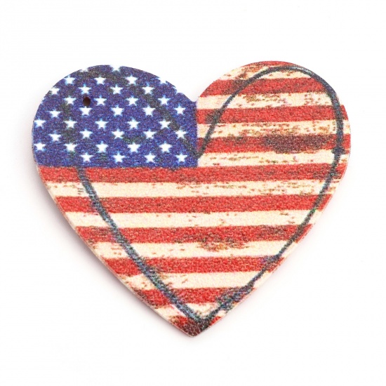 Picture of PU Leather American Independence Day Pendants Heart Multicolor National Flag 5.6cm x 3.8cm, 5 PCs