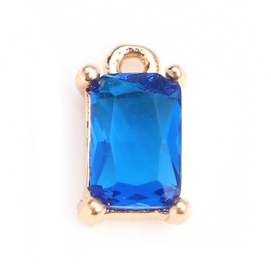 Picture of Copper & Glass Charms Gold Plated Royal Blue Rectangle Faceted 9mm x 5mm, 10 PCs