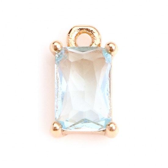 Picture of Copper & Glass Charms Gold Plated Light Blue Rectangle Faceted 9mm x 5mm, 10 PCs