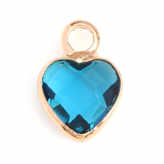 Picture of Copper & Glass Charms Gold Plated Peacock Blue Heart Faceted 9mm x 7mm, 10 PCs