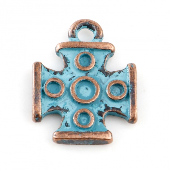 Picture of Zinc Based Alloy Patina Charms Cross Antique Copper Carved Pattern 16mm x 12mm, 20 PCs