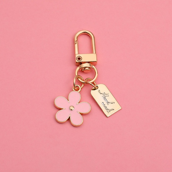 Bild von Exquisit Schlüsselkette & Schlüsselring Vergoldet Rosa Blumen Rechteck Emaille 5.5cm, 1 Stück