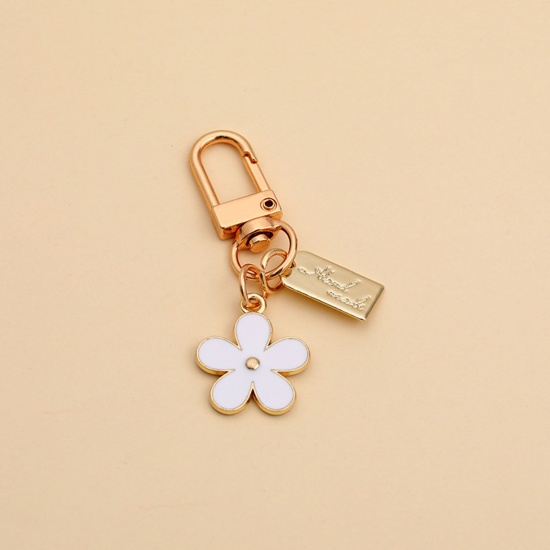 Bild von Exquisit Schlüsselkette & Schlüsselring Vergoldet Weiß Blumen Rechteck Emaille 5.5cm, 1 Stück