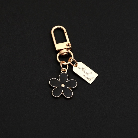Bild von Exquisit Schlüsselkette & Schlüsselring Vergoldet Schwarz Blumen Rechteck Emaille 5.5cm, 1 Stück