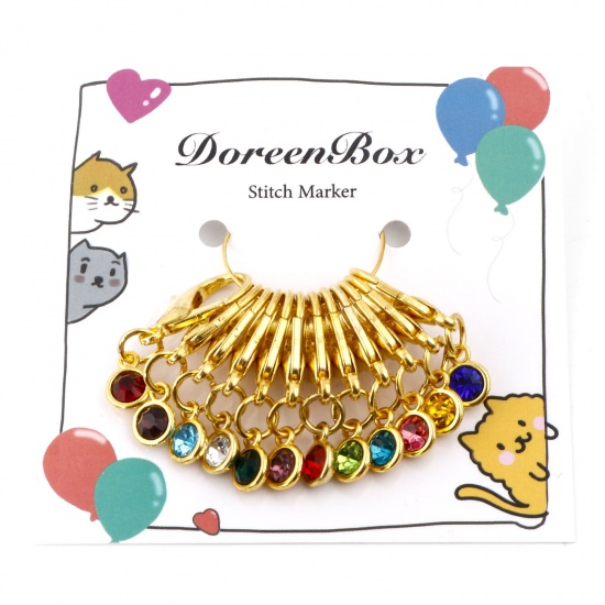 Picture of Alloy Birthstone Knitting Stitch Markers Gold Plated 3.4cm x 1.2cm, 1 Set ( 12 PCs/Set)
