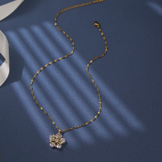 Picture of Titanium Steel Ins Style Necklace Gold Plated Flower Clear Rhinestone 40cm(15 6/8") long, 1 Piece
