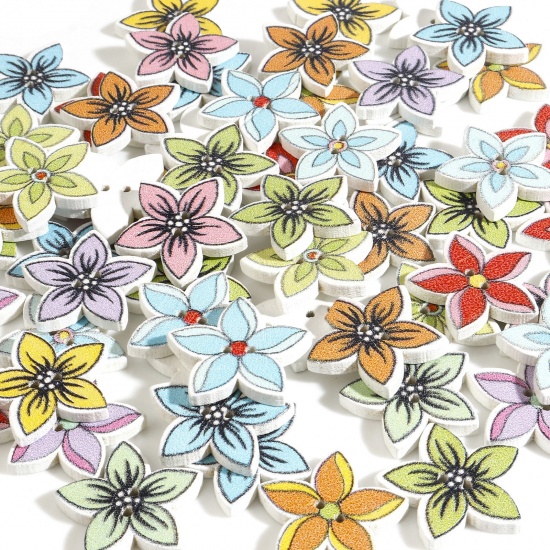 Picture of Wood Flora Collection Buttons Scrapbooking 2 Holes Flower At Random Color 20mm x 18mm, 50 PCs