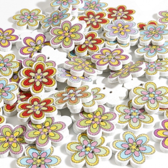 Picture of Wood Flora Collection Buttons Scrapbooking 2 Holes Flower At Random Color 20mm x 18mm, 50 PCs