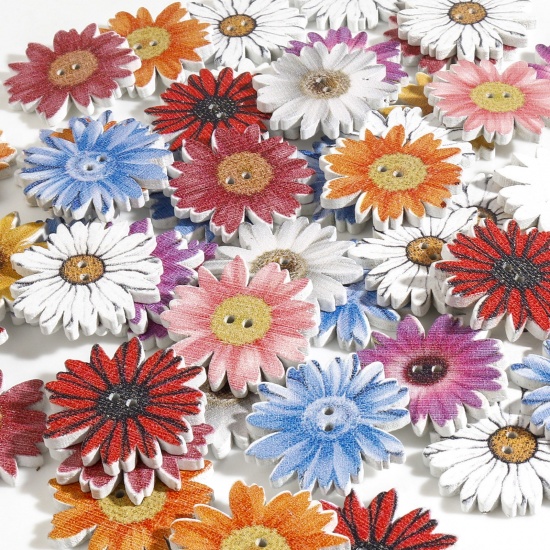 Picture of Wood Flora Collection Buttons Scrapbooking 2 Holes Chrysanthemum Flower At Random Color 25mm x 24mm, 50 PCs