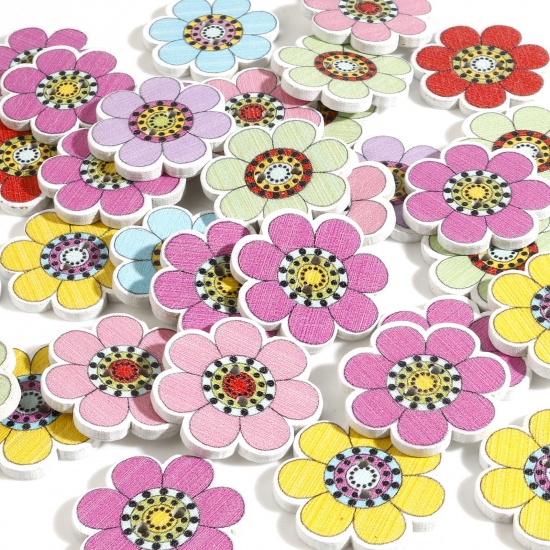 Picture of Wood Flora Collection Buttons Scrapbooking 2 Holes Flower At Random Color 25mm x 24mm, 50 PCs