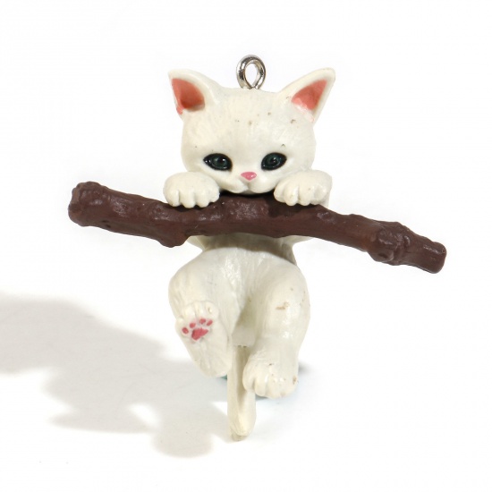 Picture of Resin Pendants Cat Animal Creamy-White 3D 4.1cm x 4cm, 1 Piece