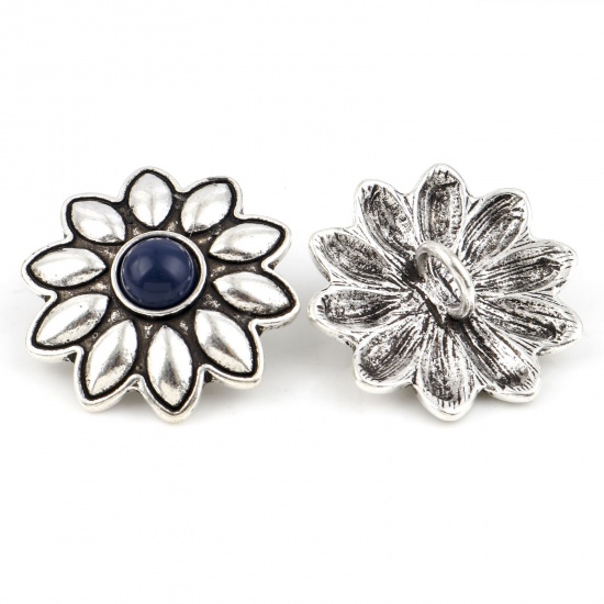 Zinc Based Alloy Flora Collection Metal Sewing Shank Buttons Buttons Single Hole Flower Antique Silver Color Navy Blue With Resin Cabochons 3cm x 2.8cm, 3 PCs の画像