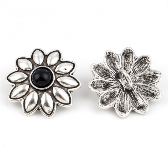 Zinc Based Alloy Flora Collection Metal Sewing Shank Buttons Buttons Single Hole Flower Antique Silver Color Black With Resin Cabochons 3cm x 2.8cm, 3 PCs の画像