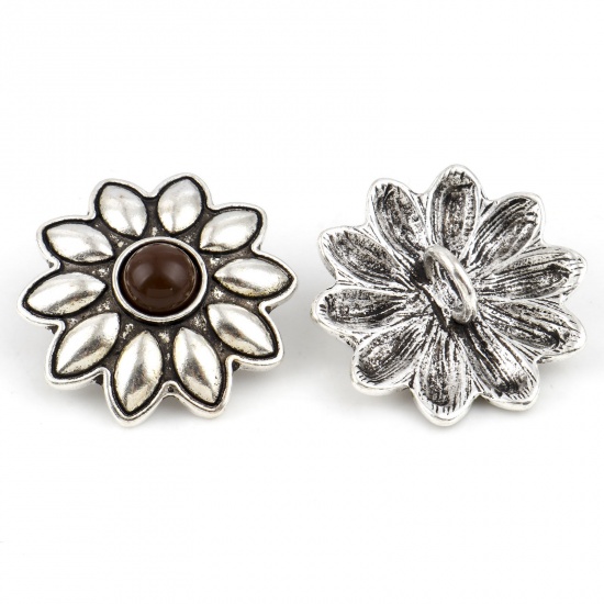 Zinc Based Alloy Flora Collection Metal Sewing Shank Buttons Buttons Single Hole Flower Antique Silver Color Dark Brown With Resin Cabochons 3cm x 2.8cm, 3 PCs の画像
