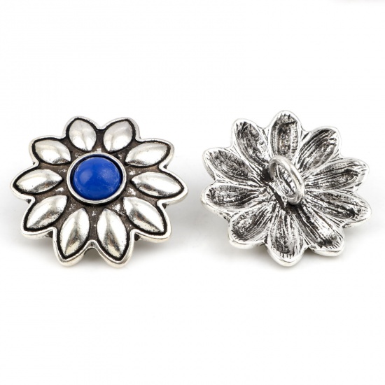 Zinc Based Alloy Flora Collection Metal Sewing Shank Buttons Buttons Single Hole Flower Antique Silver Color Royal Blue With Resin Cabochons 3cm x 2.8cm, 3 PCs の画像