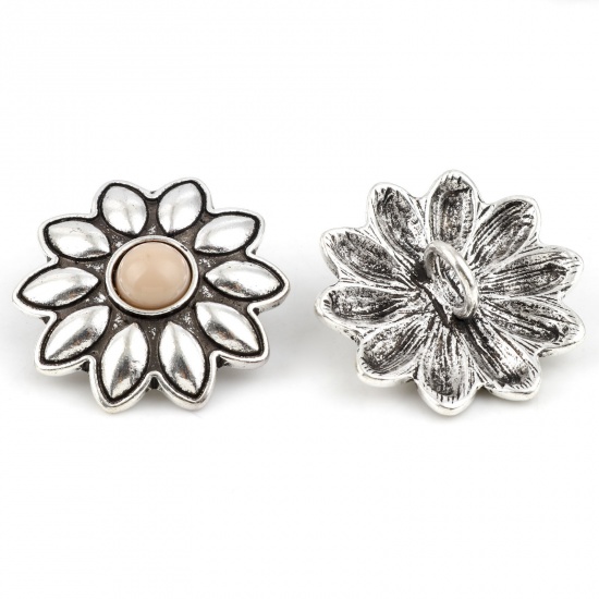 Zinc Based Alloy Flora Collection Metal Sewing Shank Buttons Buttons Single Hole Flower Antique Silver Color Apricot Beige With Resin Cabochons 3cm x 2.8cm, 3 PCs の画像