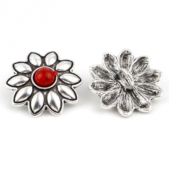 Zinc Based Alloy Flora Collection Metal Sewing Shank Buttons Buttons Single Hole Flower Antique Silver Color Red With Resin Cabochons 3cm x 2.8cm, 3 PCs の画像
