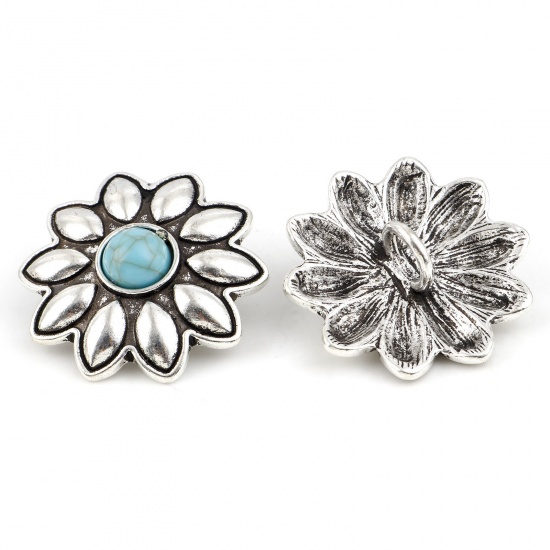 Zinc Based Alloy Flora Collection Metal Sewing Shank Buttons Buttons Single Hole Flower Antique Silver Color Blue With Resin Cabochons 3cm x 2.8cm, 3 PCs の画像