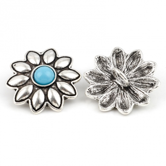 Zinc Based Alloy Flora Collection Metal Sewing Shank Buttons Buttons Single Hole Flower Antique Silver Color Skyblue With Resin Cabochons 3cm x 2.8cm, 3 PCs の画像