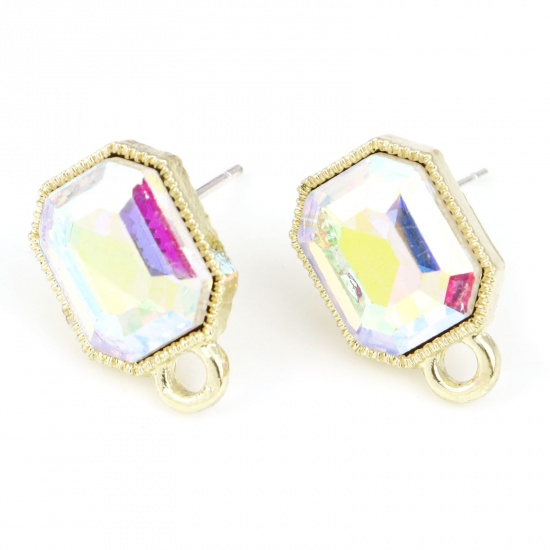 Picture of Zinc Based Alloy & Glass Geometry Series Ear Post Stud Earrings Findings Octagon Gold Plated Transparent Clear W/ Loop 15mm x 10mm, Post/ Wire Size: 0.7mm, 6 PCs