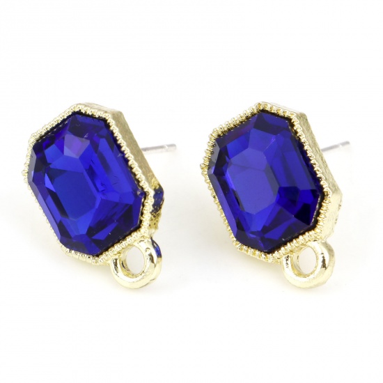 Picture of Zinc Based Alloy & Glass Geometry Series Ear Post Stud Earrings Findings Octagon Gold Plated Royal Blue W/ Loop 15mm x 10mm, Post/ Wire Size: 0.7mm, 6 PCs