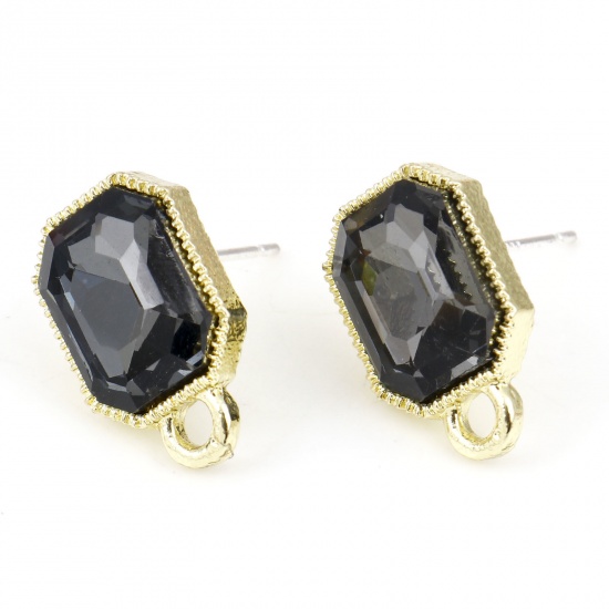 Picture of Zinc Based Alloy & Glass Geometry Series Ear Post Stud Earrings Findings Octagon Gold Plated Dark Gray W/ Loop 15mm x 10mm, Post/ Wire Size: 0.7mm, 6 PCs
