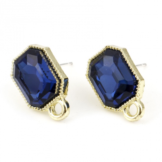 Picture of Zinc Based Alloy & Glass Geometry Series Ear Post Stud Earrings Findings Octagon Gold Plated Dark Blue W/ Loop 15mm x 10mm, Post/ Wire Size: 0.7mm, 6 PCs