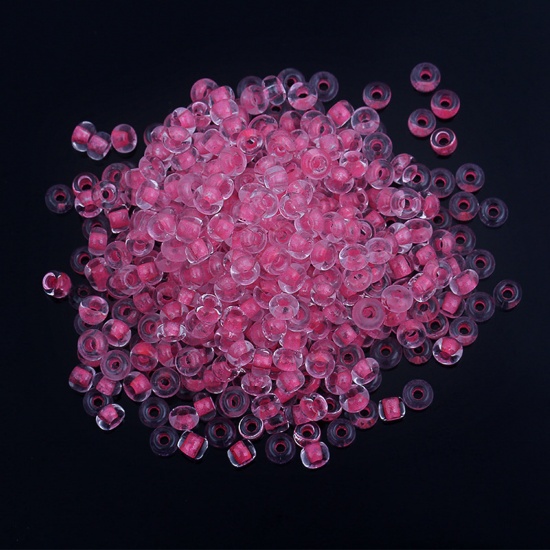 Picture of Glass Seed Beads Cylinder Hot Pink Color-centered Glow In The Dark Luminous 3mm x 2mm, Hole: Approx 0.8mm, 100 Grams(About 4160 Pcs)