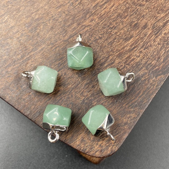 Picture of Green Aventurine ( Natural ) Charms Silver Tone Light Green Octagon Faceted 12mm x 8mm, 1 Piece